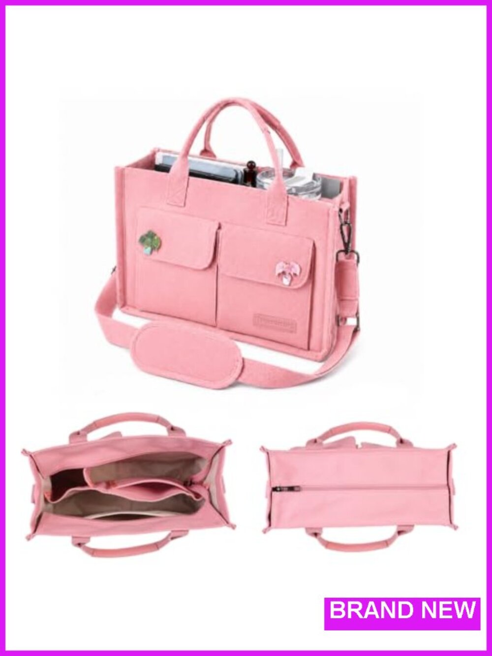 Canvas Tote Bag with Zipper, 10 Pockets, Laptop Compartment, Self Standing
